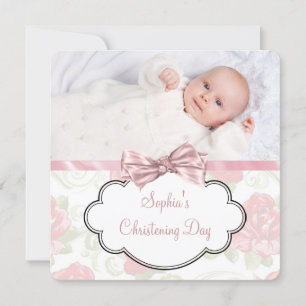 Liten rosa ros babyflicka foto dop inbjudningar