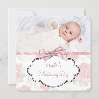 Liten rosa ros babyflicka foto dop inbjudningar
