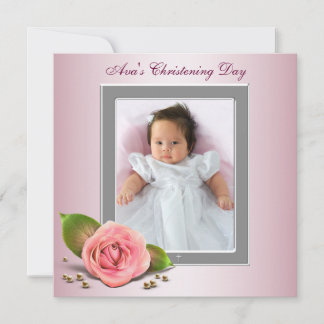Liten rosa ros babyflicka foto dop inbjudningar