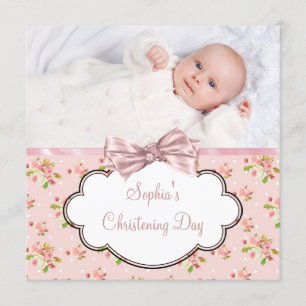 Liten rosa ros babyflicka foto dop inbjudningar