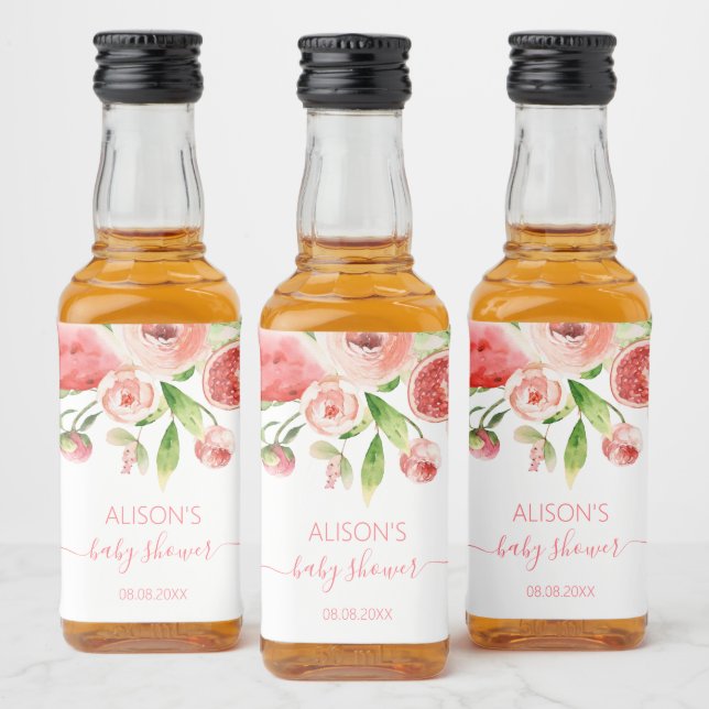 Liten Rosa Ros Blommig Grönska Flicka Baby Shower Spritflaskor Etikett (Flaskor)