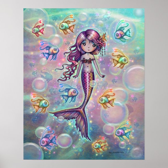 Liten rosa sjöjungfru med fisk och bubblor fantasi poster (Framsidan)