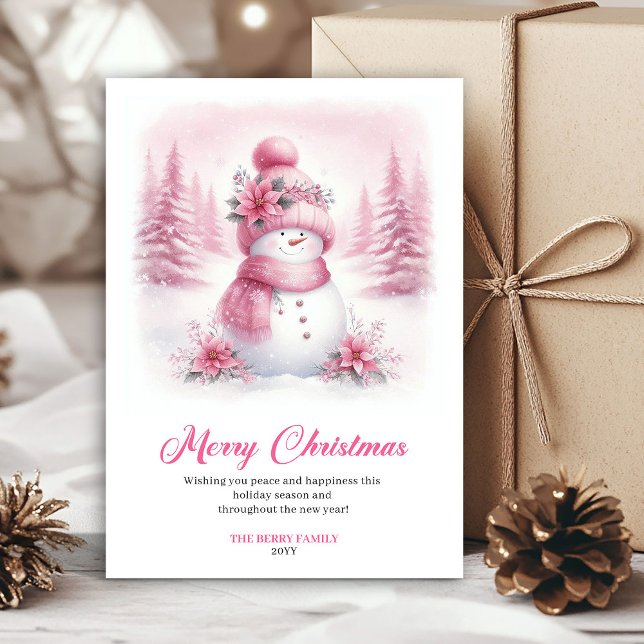 Liten rosa snömannen barn julkort redigerbar (Dainty pink snowman kids greeting card editable)