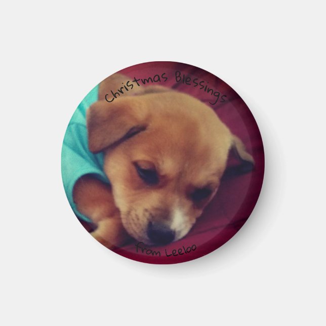 Liten, rund Leeloo Puppy-julgranen Magnet (Framsidan)