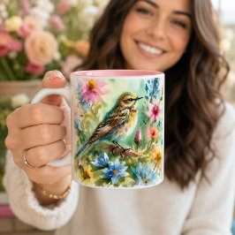 Liten sångfågel akvarell fågel & blomma Två-Tonad mugg