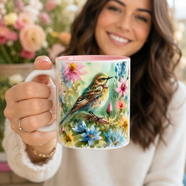 Liten sångfågel akvarell fågel & blomma Två-Tonad mugg (Skapare uppladdad)