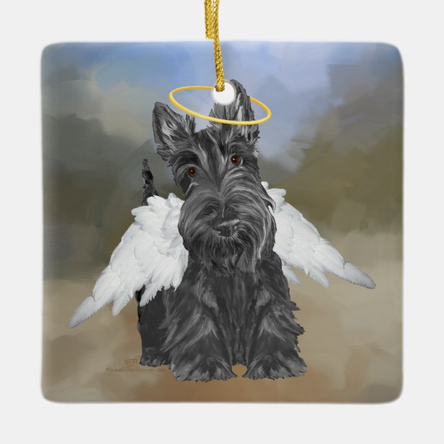 Liten Scottie Ängel Julgransprydnad Keramik (Framsida)