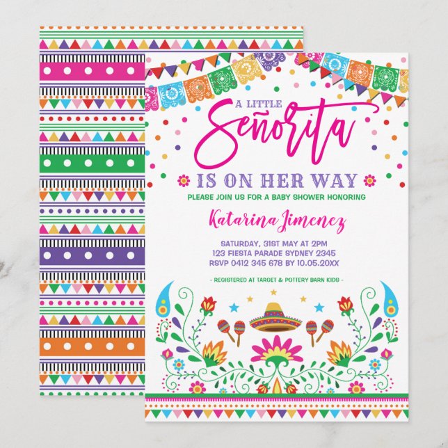 Liten Senorita Fiesta Baby Shower mexikansk Blommi Inbjudningar (Fram/baksida)