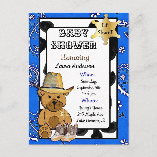 Liten sheriff Teddybjörn Cowboy Baby Shower Inbjud Inbjudan Vykort (Framsida)