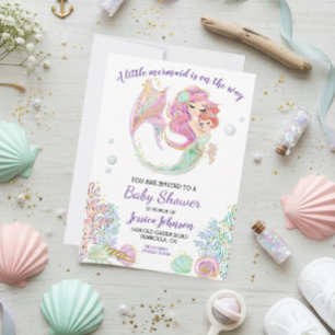 Liten sjöjungfru akvarell baby shower inbjudningar