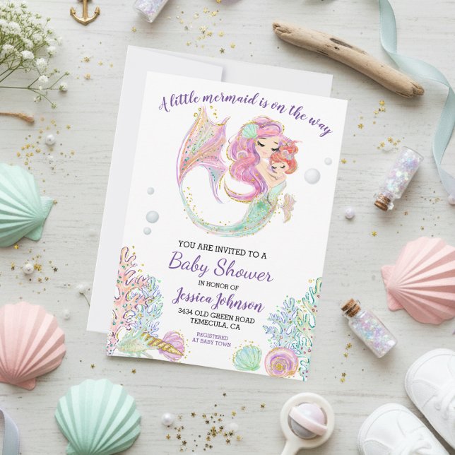 Liten sjöjungfru akvarell baby shower inbjudningar (Skapare uppladdad)