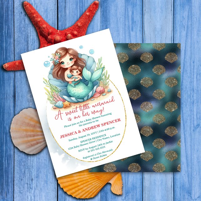 Liten sjöjungfru baby shower inbjudningar (Sweet little baby mermaid baby shower invite front and back view.)