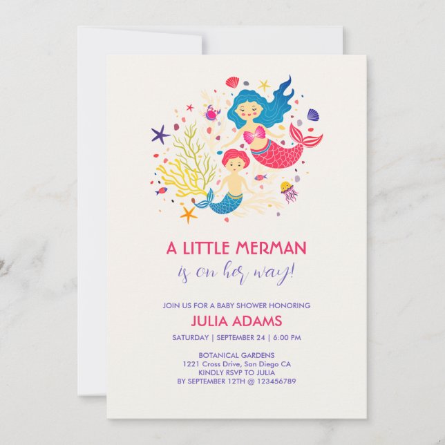 Liten sjöjungfru havsbris baby shower inbjudan (Framsida)