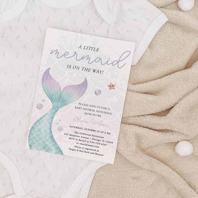 Liten Sjöjungfru, nautisk under Sea Baby Shower Inbjudningar (Little Mermaid on the way,  Nautical Beach Modern Under The Sea Pink Purple, Mermaid Baby Shower )