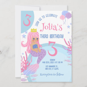 Liten Sjöjungfru rosa hår Rosa 3:e födelsedagsinbj Inbjudningar