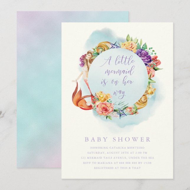 Liten Sjöjungfru Say Baby Shower Girl Simple Blomm Inbjudningar (Fram/baksida)