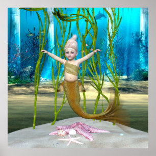 Liten sjöjungfru Söt fantasiflicka, Blå hav Poster