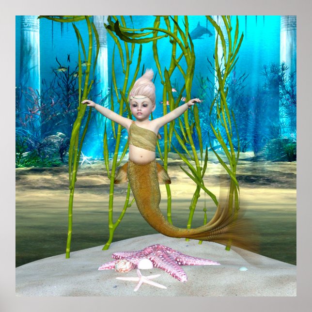 Liten sjöjungfru Söt fantasiflicka, Blå hav Poster (Framsidan)