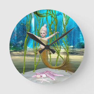 Liten sjöjungfru Söt fantasiflicka, Blå hav Rund Klocka