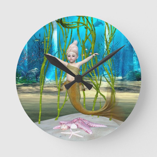 Liten sjöjungfru Söt fantasiflicka, Blå hav Rund Klocka (Framsida)