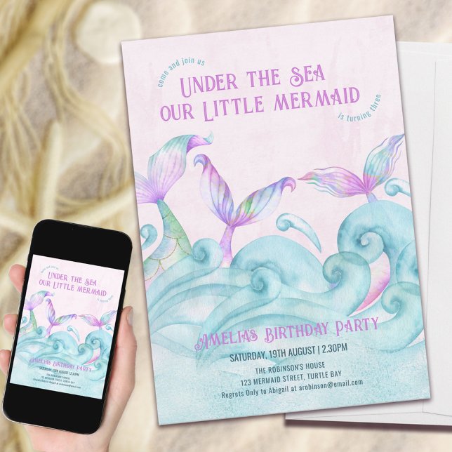 Liten Sjöjungfru under Sea Rosa Girl Girl Birthday Inbjudningar (Skapare uppladdad)