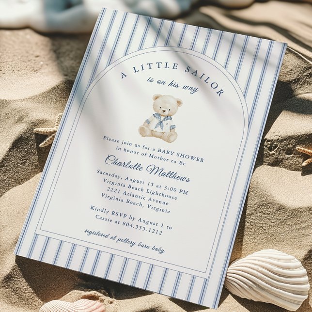 Liten Sjöman Bebisens Hemkomstfirande Inbjudan (Little Sailor Bear Boy Baby Shower Invitation)