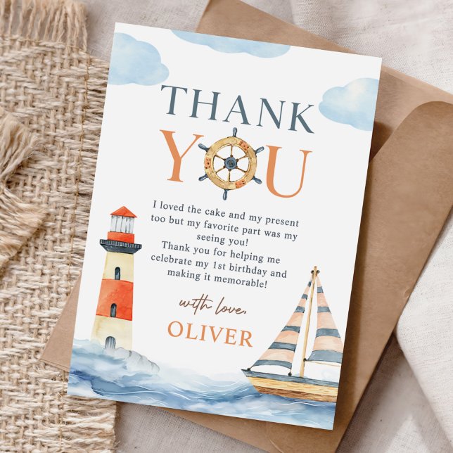Liten sjöman Marinblå Pastell 1-årsdag Tack Kort (Skapare uppladdad)