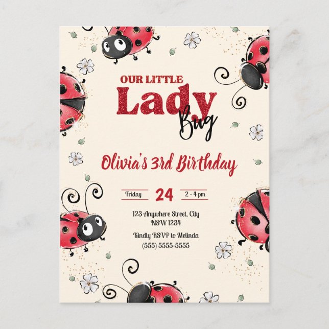 liten skalbagge Lady bug födelsedagsinbjudan Vykort (Framsida)
