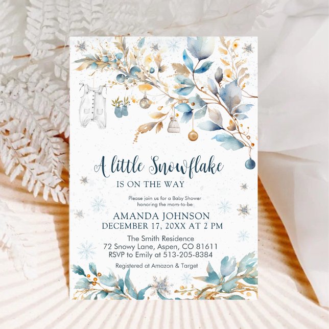 Liten snöflinga Guld Vinter Baby Shower   Inbjudningar (Skapare uppladdad)