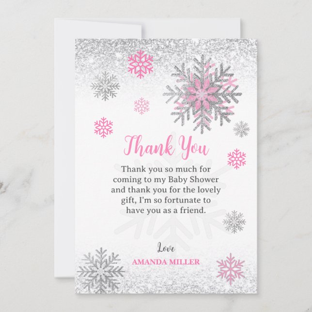 Liten snöflinga Rosa Silver Glittrig Bebis Bjudnin Tack Kort (Framsida)