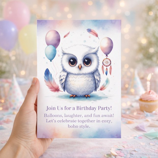 Liten snöugglas födelsedagsinbjudan Boho  Inbjudningar (Little Snowy Owl Birthday Invitation Boho)