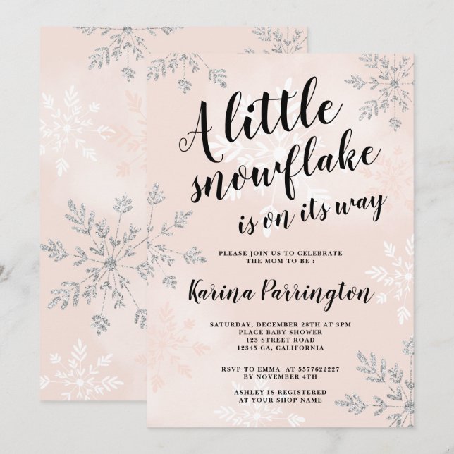 Liten snowflake silver rosa-manusdusch inbjudningar (Fram/baksida)