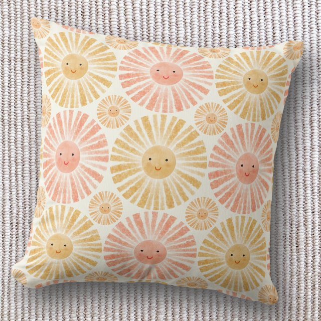 Liten solsken vattenfärg mönster kudde (Happy watercolor sunshine pattern throw pillow, ideal for nursery or kids room)