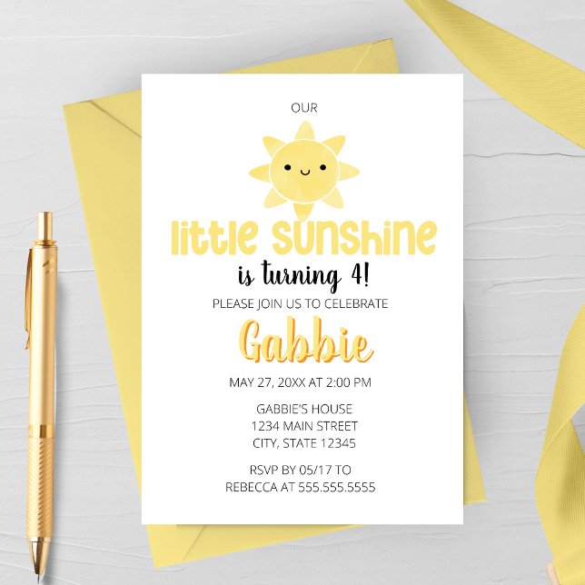 Liten solskensbarns födelsedagsinbjudan inbjudningar (Little Sunshine Birthday Invitation | Cute Sun Kids Birthday Party Invite | Yellow Sunshine Theme)