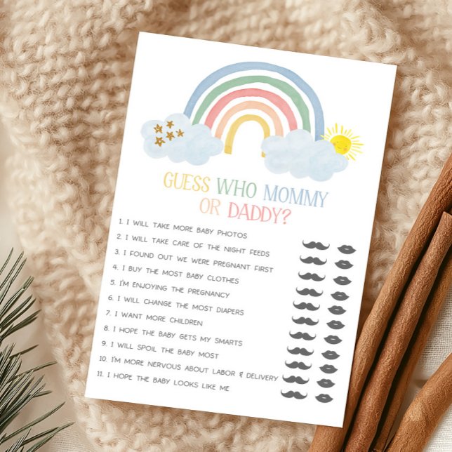 Liten solstråle Gissa vem som är Mamma eller Pappa (Rainbow Baby Shower Guess Who Mommy or Daddy Game)