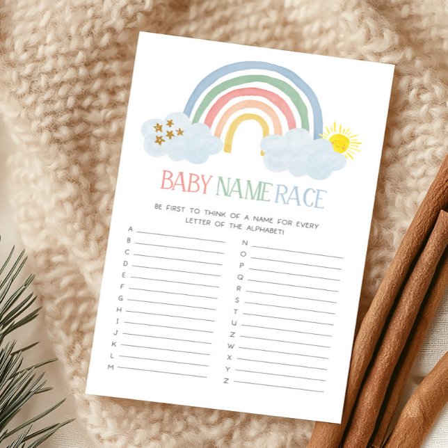 Liten solstråle regnbåge Babynamnstävlingsspel (Rainbow Baby Shower Baby Name Race Game)