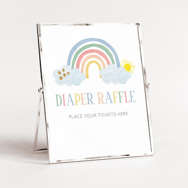 Liten solstråle regnbåge blöja lotteri skylt (Rainbow Baby Shower Diaper Raffle Sign)