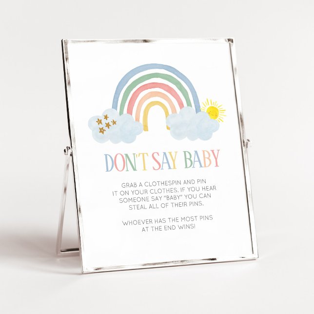 Liten solstråle regnbåge Säg inte bebis tecken Poster (Rainbow Baby Shower Don't Say Baby Sign)