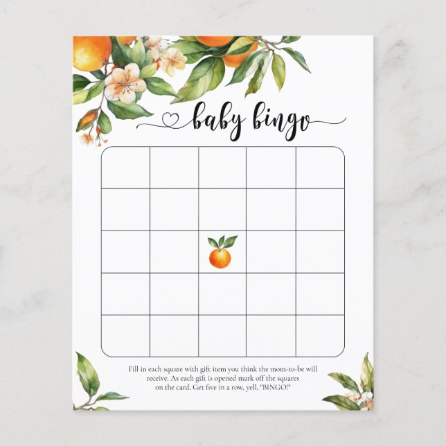 Liten söt citrus apelsin baby shower Bingo spel (Framsida)