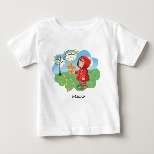 Liten söt flicka i en röd kappa som samlar höstl t shirt (Framsida)