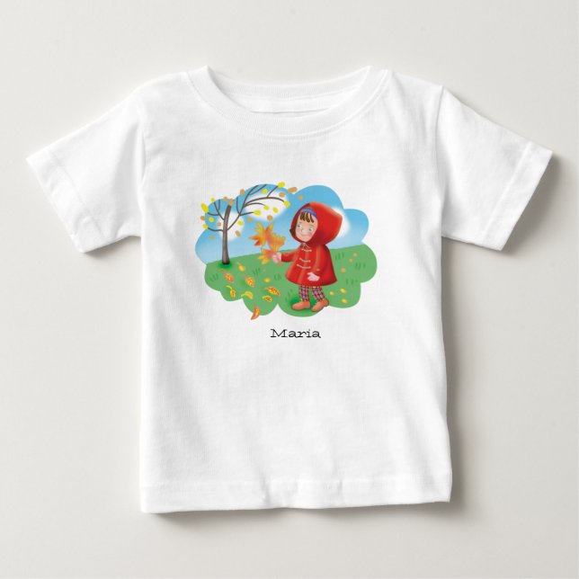 Liten söt flicka i röd kappa som samlar höstlöv t shirt (Framsida)