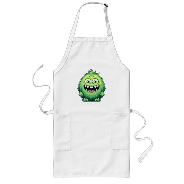 Liten söt grön monster seriefigur leende långt förkläde (Framsidan)