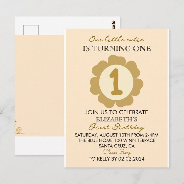 Liten söt guldblomma 1-års födelsedagsinbjudan C Vykort (Fram/baksida)