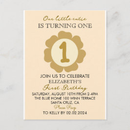 Liten söt guldblomma 1-års födelsedagsinbjudan C Vykort