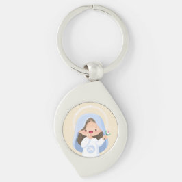 Liten söt jungfru Maria med blomma – Beige Swirl Silverfärgad Nyckelring