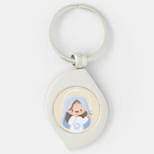Liten söt jungfru Maria med blomma – Beige Swirl Silverfärgad Nyckelring