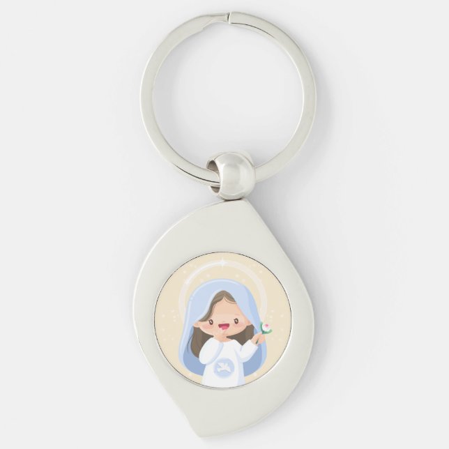 Liten söt jungfru Maria med blomma – Beige Swirl Silverfärgad Nyckelring (Framsidan)