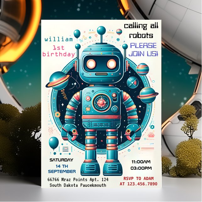 liten söt Leksak lustig robot första födelsedag Inbjudningar (Skapare uppladdad)