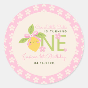 Liten söt lemonfrukt rosa 1-års födelsedagsfest runt klistermärke