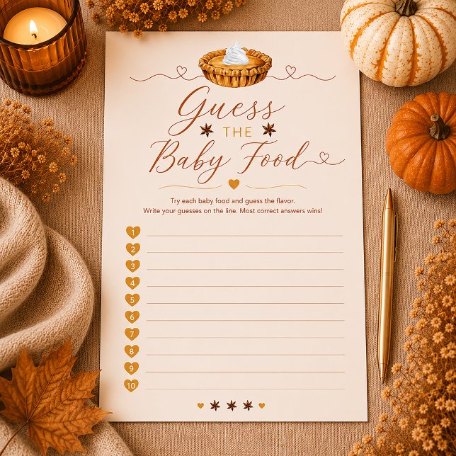 Liten söt lilla paj Gissa barnmatspelet Flygblad (Autumn baby food guessing sheet)
